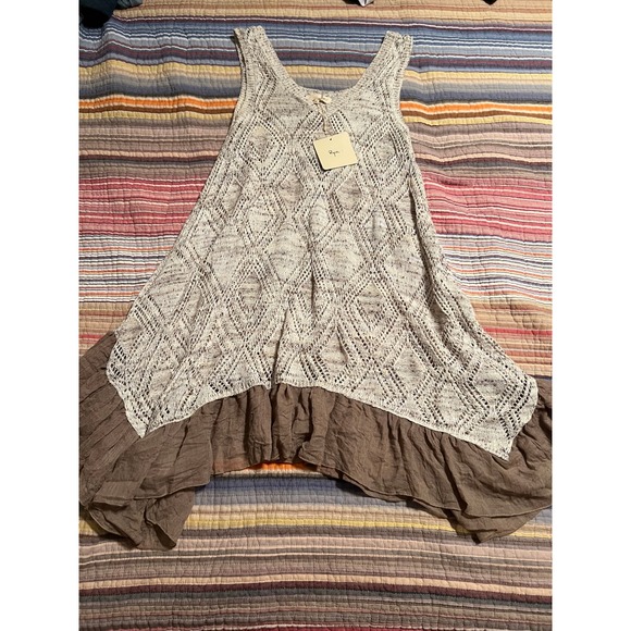 Ryu Dresses & Skirts - Ryu Women's Small Sleeveless Dress Beige Brown Crochet Knit Ruffle Hem Boho